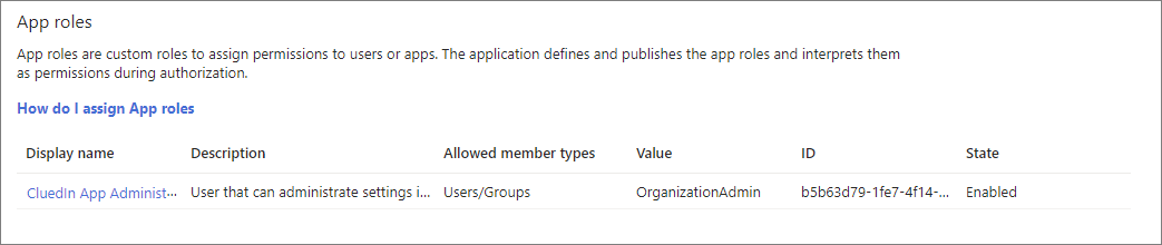 App roles list showing the CluedIn App Administrator role with value OrganizationAdmin and state Enabled