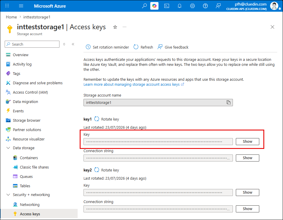 Azure portal storage account Access keys page with the key1 Key field highlighted