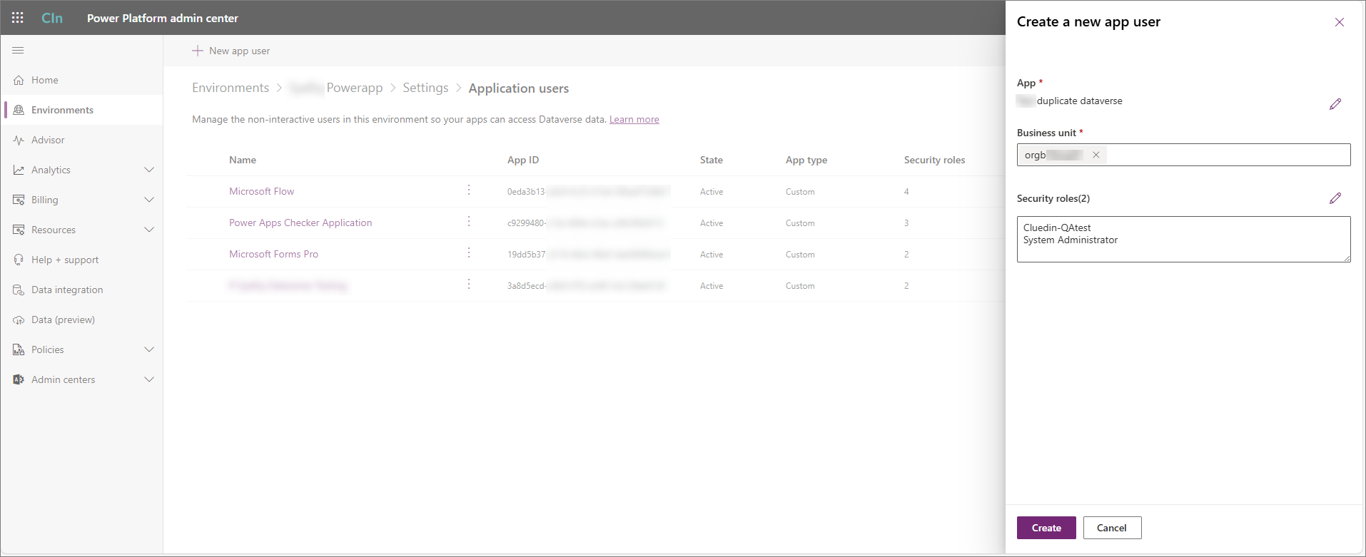 Application users page with the Create a new app user pane showing the App, Business unit, and two Security roles