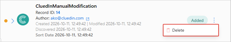 Data part row on the History tab with the three-dot menu open and Delete highlighted