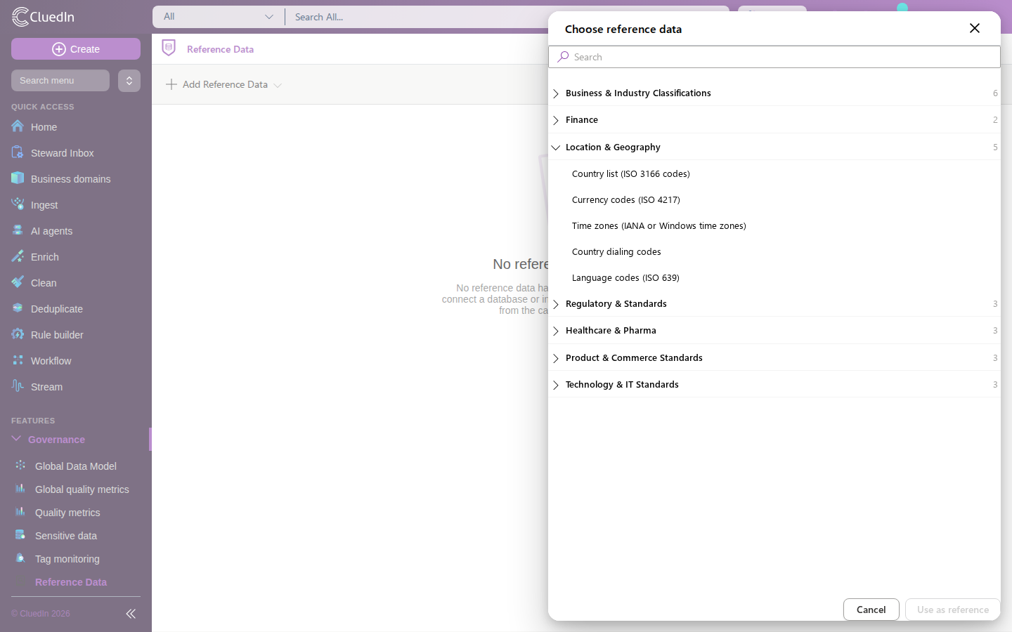 The Choose reference data panel with the Location & Geography category expanded and Country list (ISO 3166 codes) selected