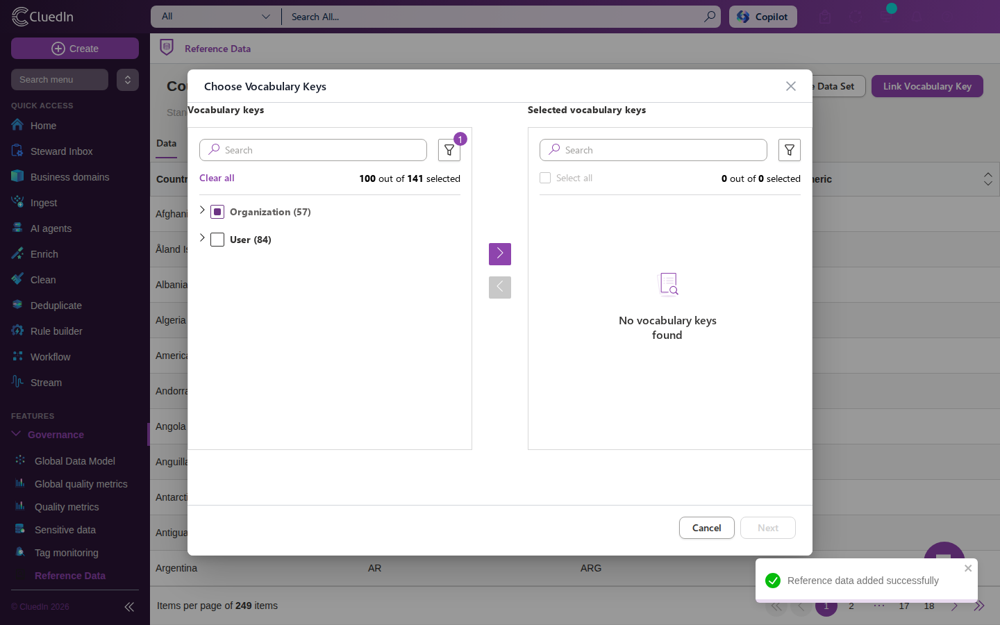 The Choose Vocabulary Keys panel with vocabulary keys grouped by entity type and several selected