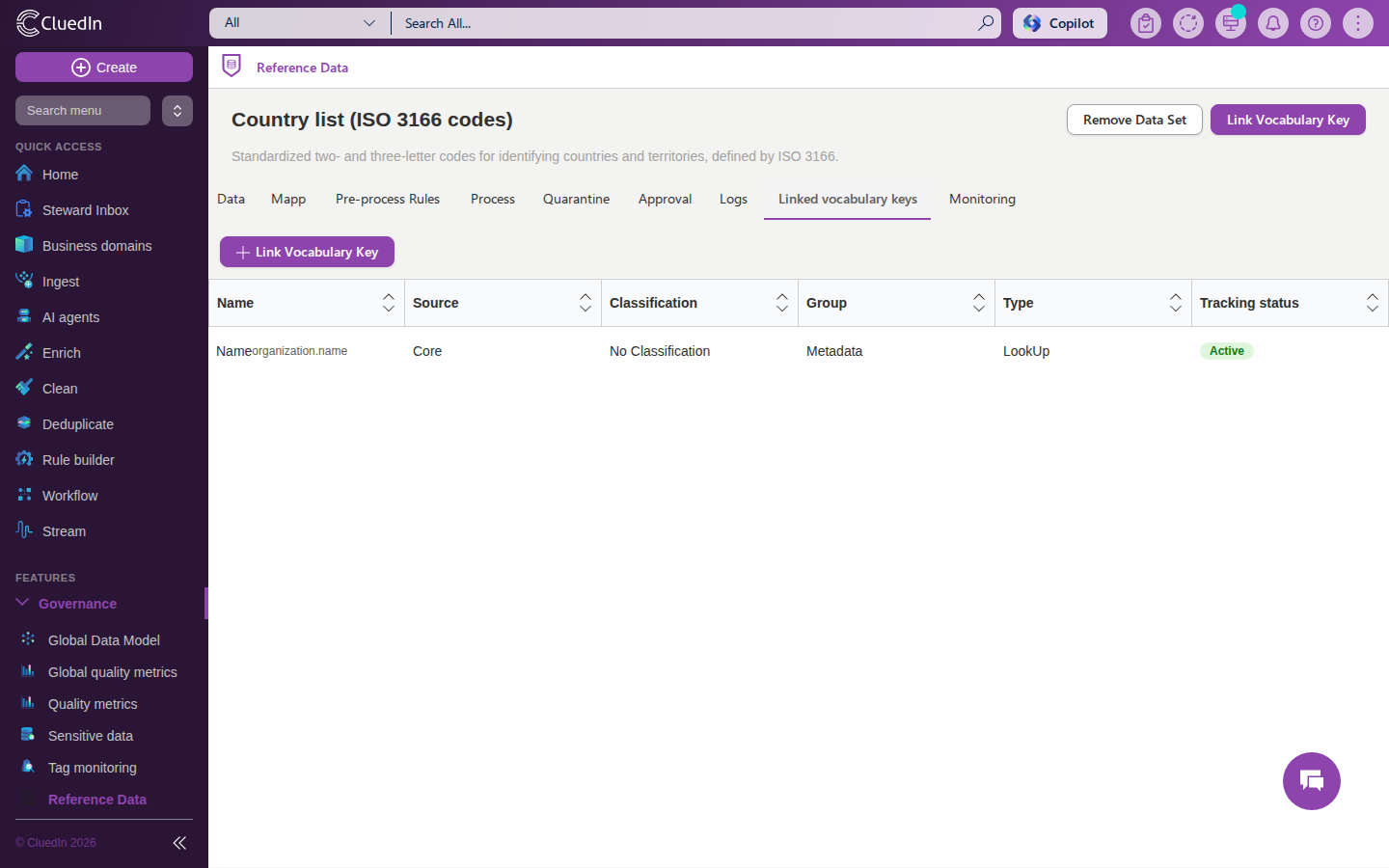 The Linked vocabulary keys tab showing linked keys with their source, classification, group, and tracking status