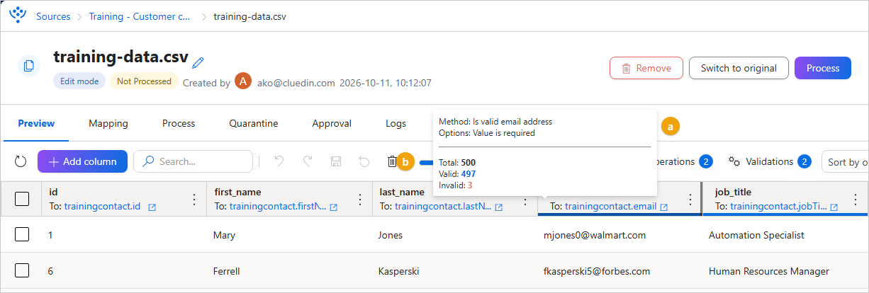 The data set page with a tooltip of validation results over the email column, and the overall valid values bar
