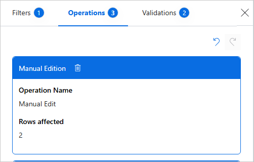 The Operations pane showing a Manual Edit operation that affected 2 rows