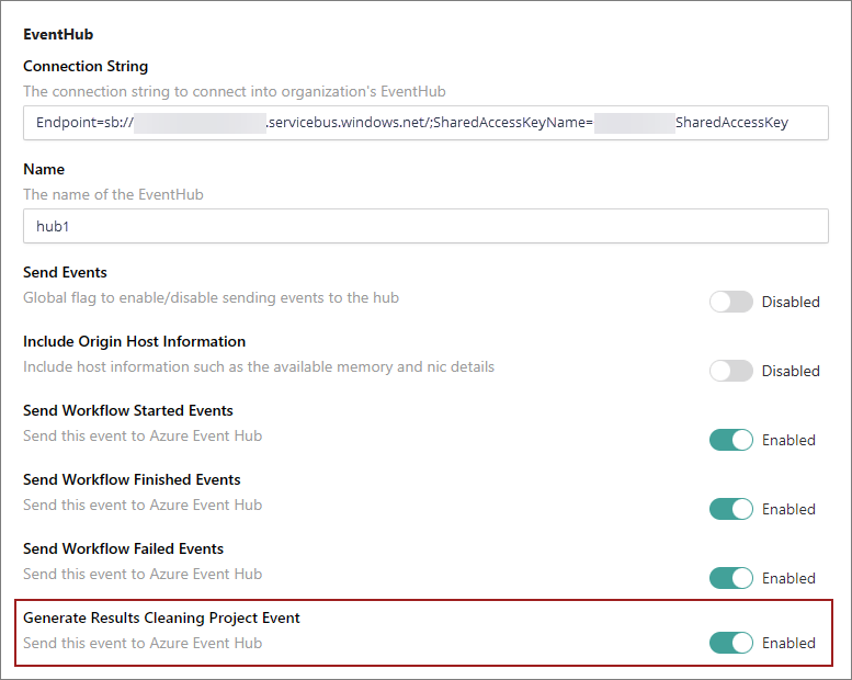 EventHub settings with a newly generated event, Generate Results Cleaning Project Event, highlighted and enabled