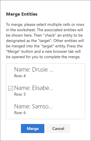 The Merge Entities pane listing three selected records with one checked as the target, and Merge and Cancel buttons