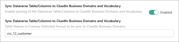 The Sync Dataverse Table/Columns to CluedIn Business Domains and Vocabulary toggle set to Enabled, with crc_12_customer entered as the table name