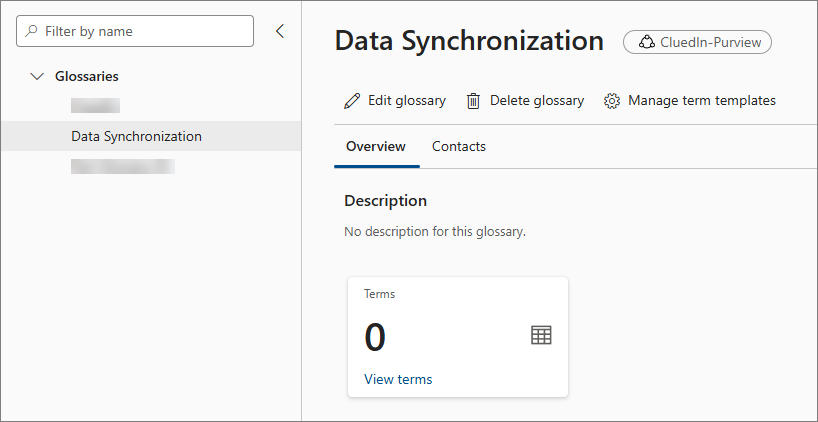 The new Data Synchronization glossary in Purview, with no terms yet