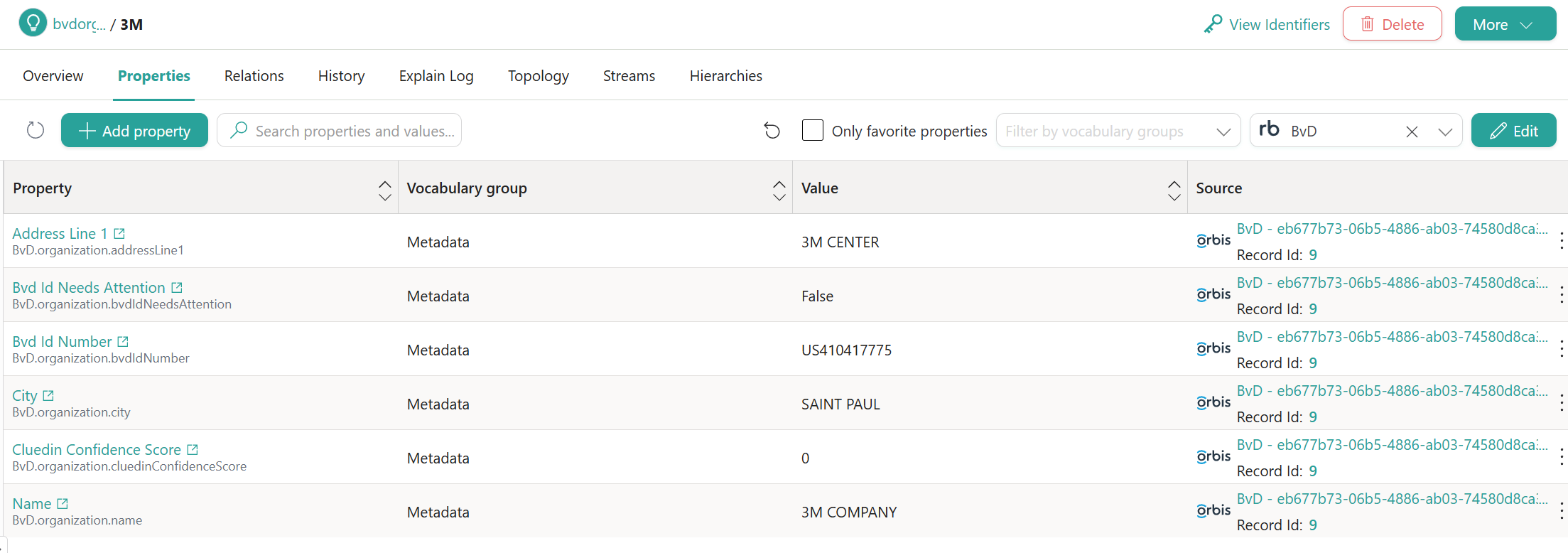 Properties page of the 3M golden record filtered to BvD, showing properties such as Address Line 1, Bvd Id Number, City and Name