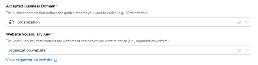 Web enricher settings: Accepted Business Domain set to Organization and Website Vocabulary Key set to organization.website